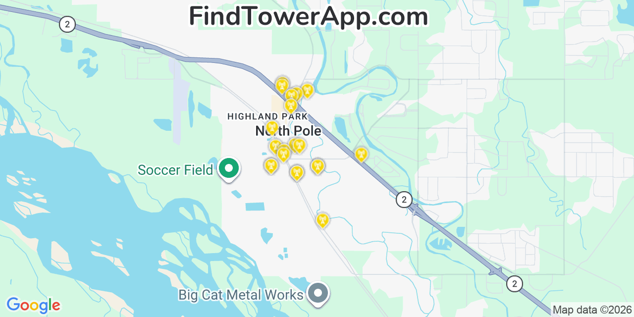 Map showing the 20 primary cell tower locations detected in North Pole, Alaska from AT&T, Verizon, and T-Mobile networks