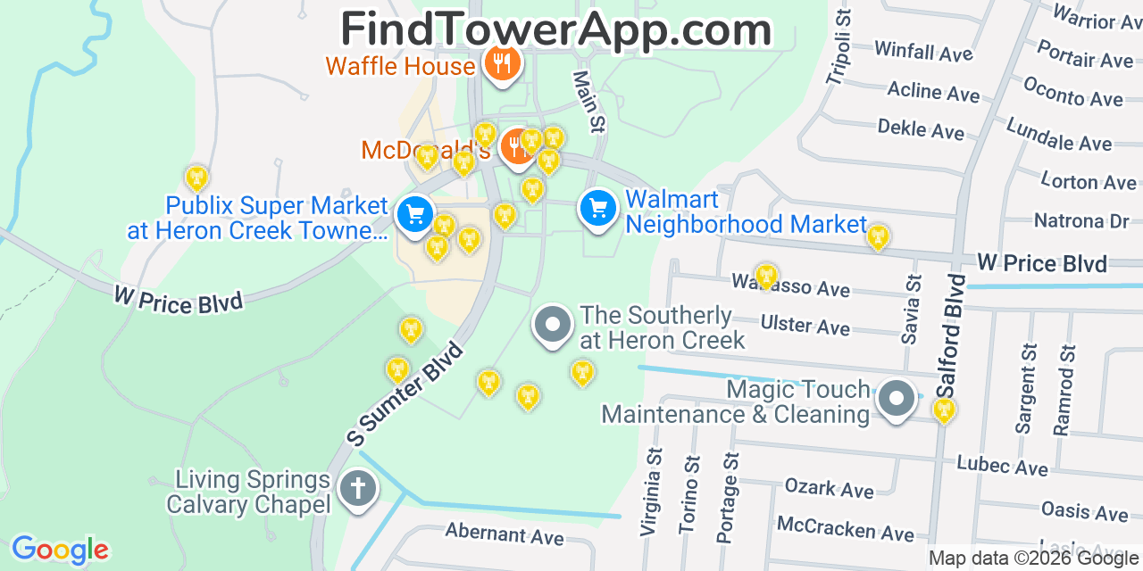 Map showing the 20 primary cell tower locations detected in North Port, Florida from AT&T, Verizon, and T-Mobile networks