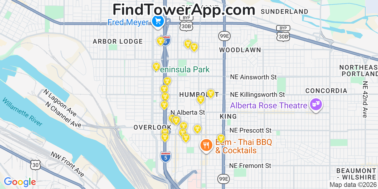 Map showing the 20 primary cell tower locations detected in North Portland, Oregon from AT&T, Verizon, and T-Mobile networks
