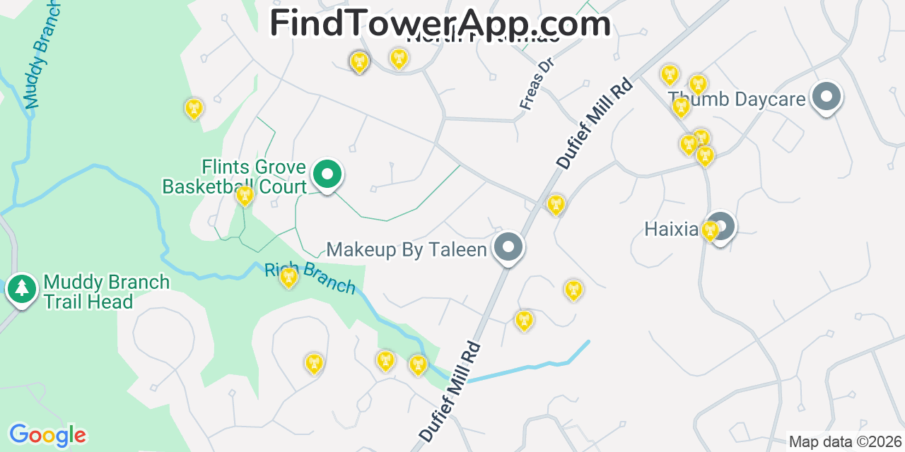 Map showing the 20 primary cell tower locations detected in North Potomac, Maryland from AT&T, Verizon, and T-Mobile networks