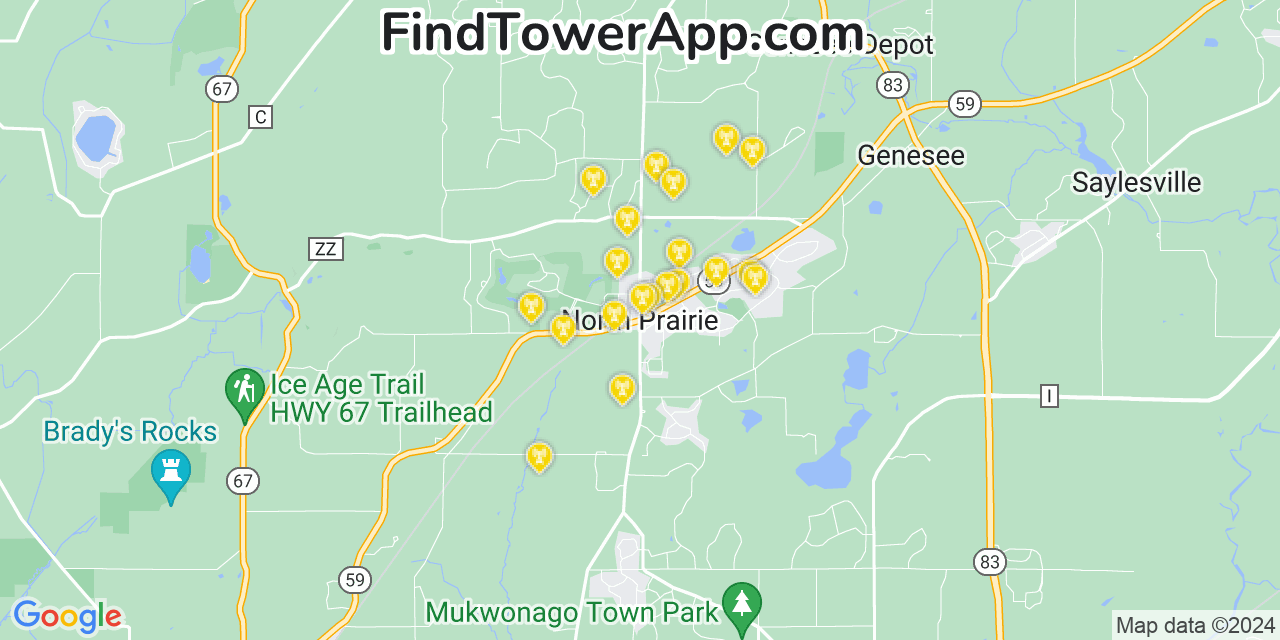 AT&T 4G/5G cell tower coverage map North Prairie, Wisconsin