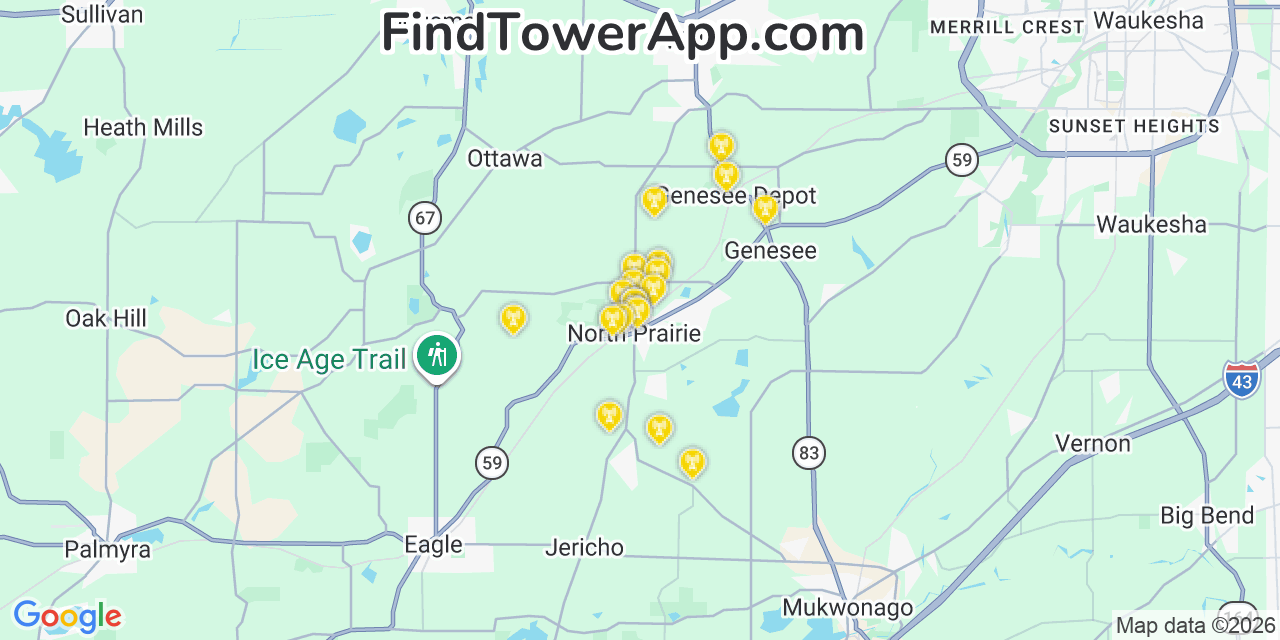 Map showing the 20 primary cell tower locations detected in North Prairie, Wisconsin from AT&T, Verizon, and T-Mobile networks