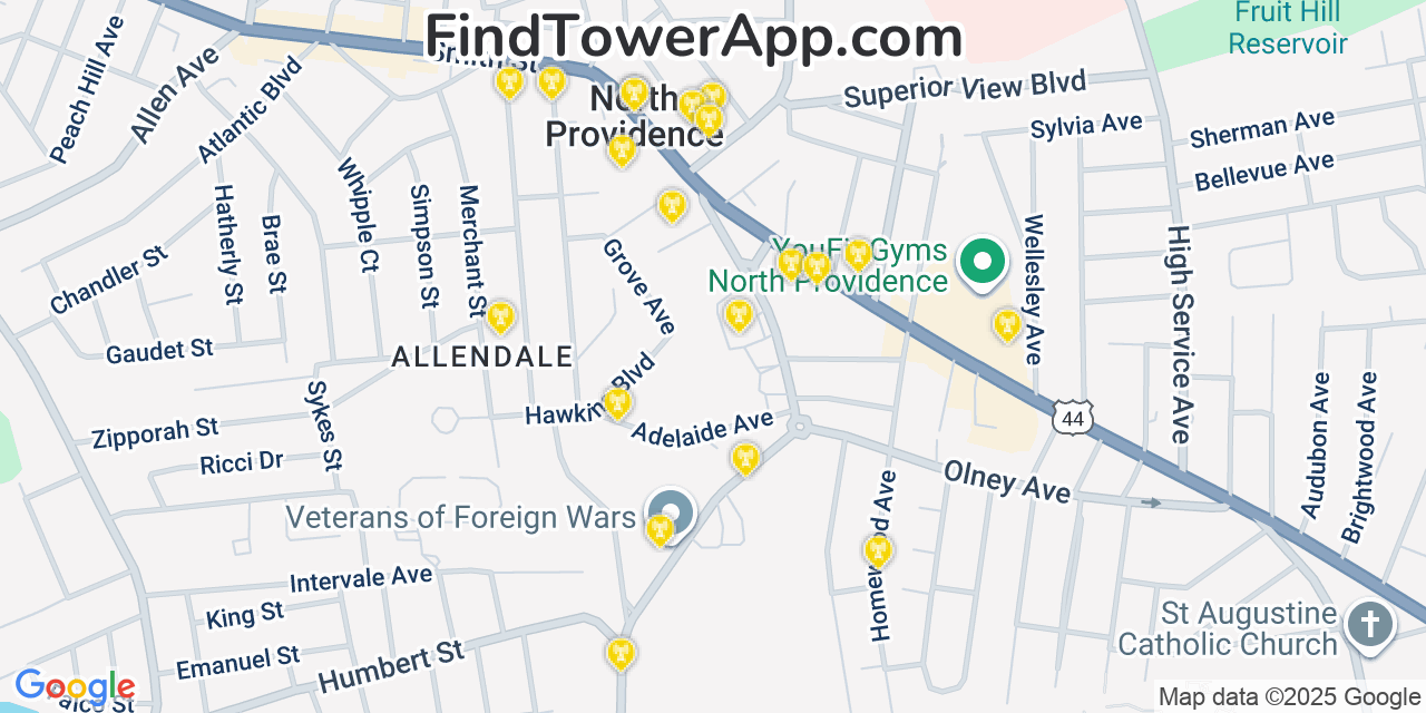 Map showing the 20 primary cell tower locations detected in North Providence, Rhode Island from AT&T, Verizon, and T-Mobile networks