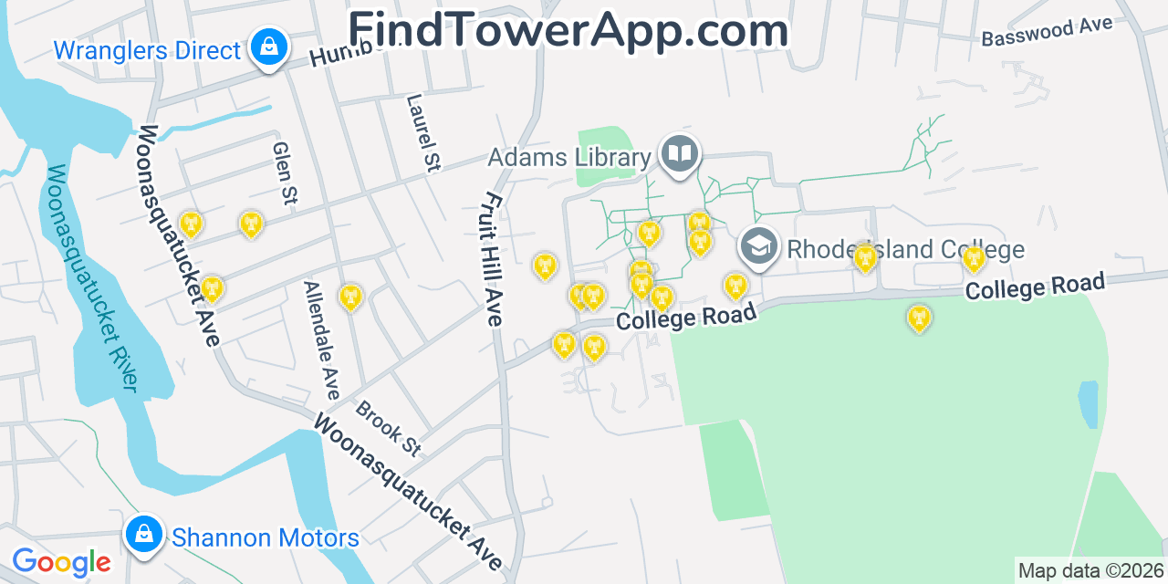 Map showing the 20 primary cell tower locations detected in North Providence, Rhode Island from AT&T, Verizon, and T-Mobile networks
