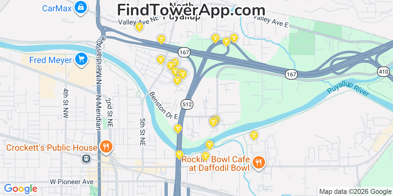 Map showing the 20 primary cell tower locations detected in North Puyallup, Washington from AT&T, Verizon, and T-Mobile networks