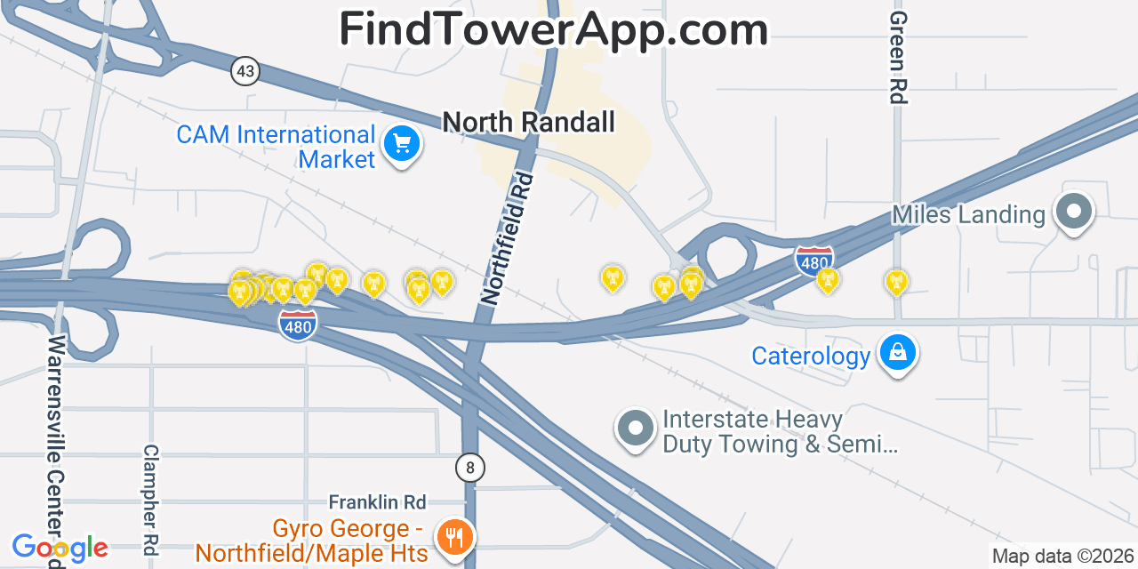 Map showing the 20 primary cell tower locations detected in North Randall, Ohio from AT&T, Verizon, and T-Mobile networks