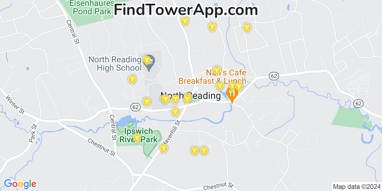 AT&T 4G/5G cell tower coverage map North Reading, Massachusetts