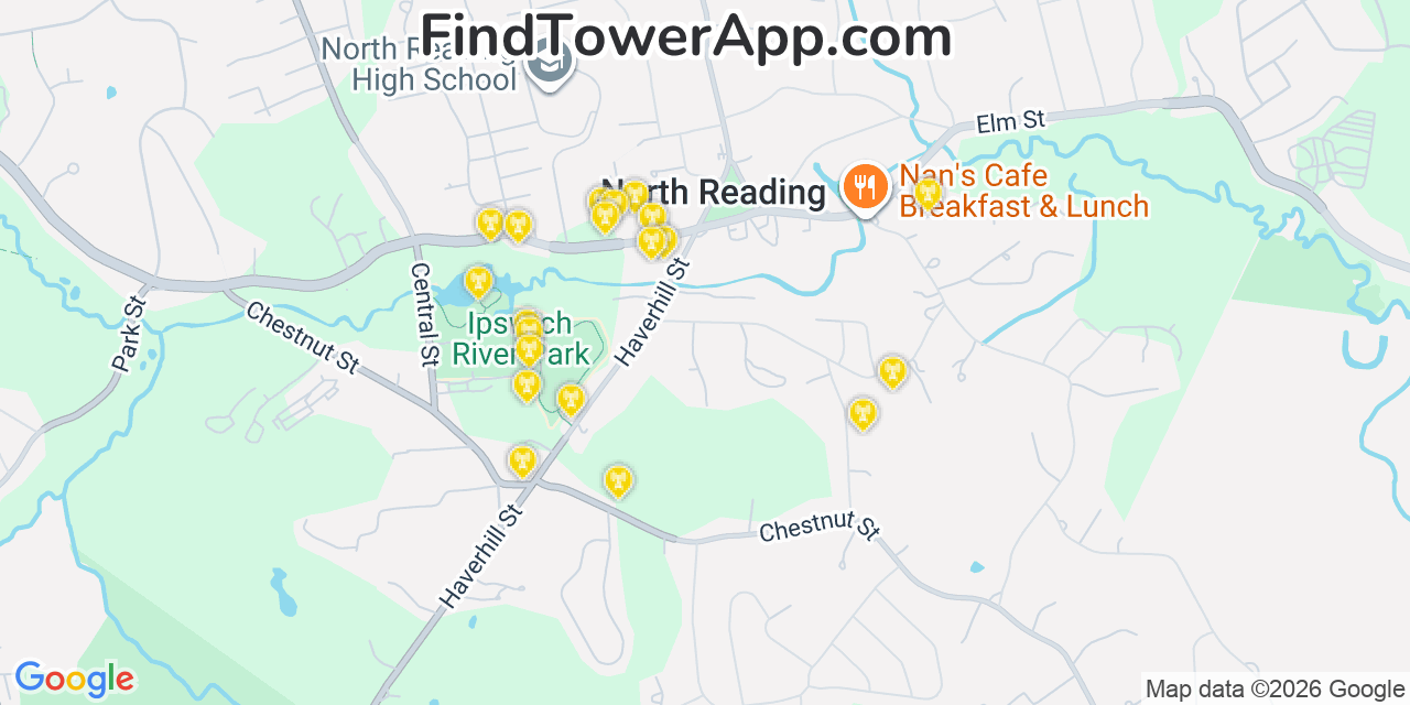 Map showing the 20 primary cell tower locations detected in North Reading, Massachusetts from AT&T, Verizon, and T-Mobile networks
