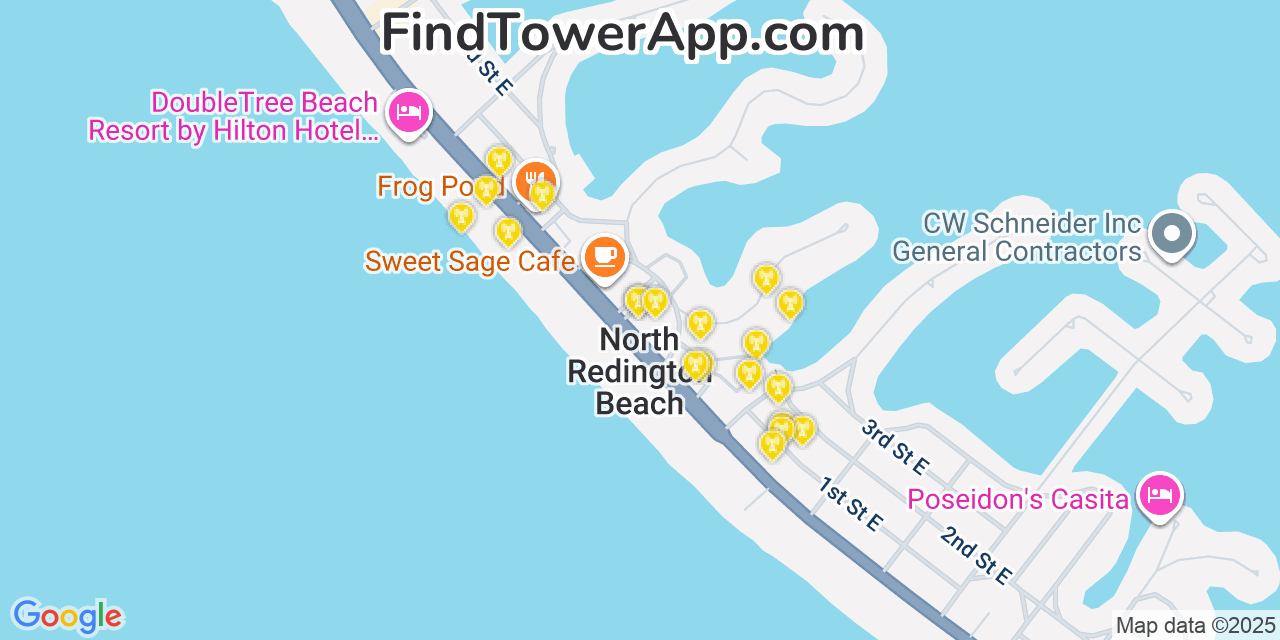Map showing the 20 primary cell tower locations detected in North Redington Beach, Florida from AT&T, Verizon, and T-Mobile networks