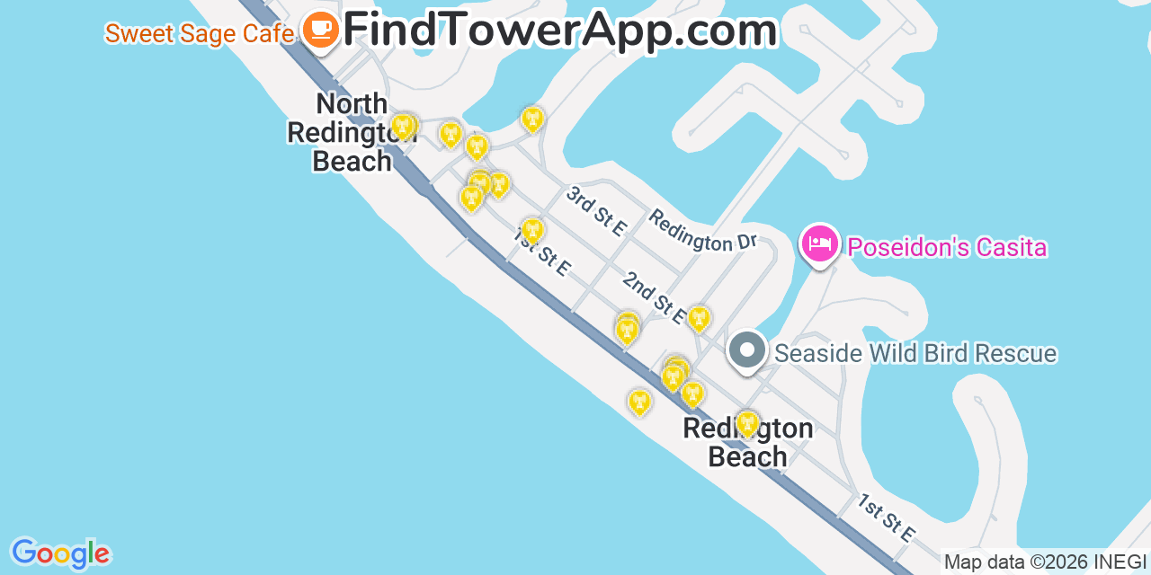 Map showing the 20 primary cell tower locations detected in North Redington Beach, Florida from AT&T, Verizon, and T-Mobile networks