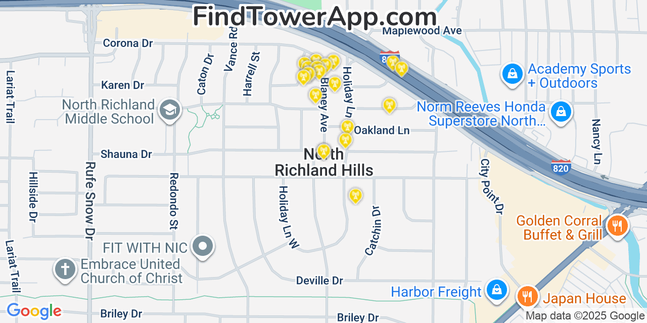 Map showing the 20 primary cell tower locations detected in North Richland Hills, Texas from AT&T, Verizon, and T-Mobile networks