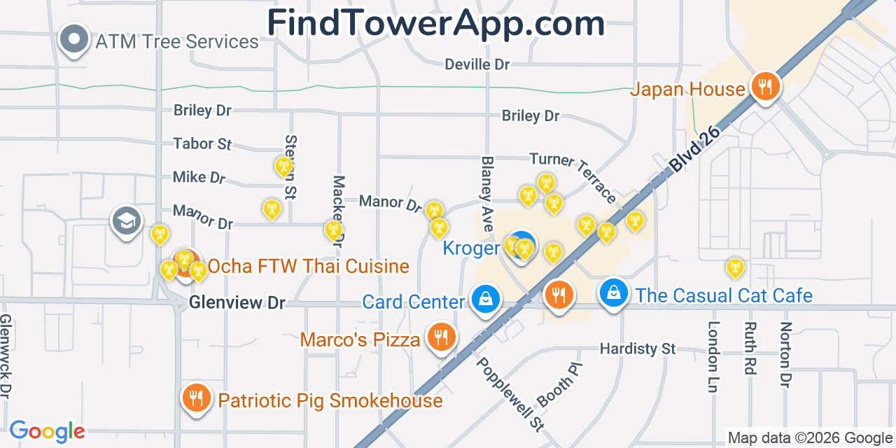Map showing the 20 primary cell tower locations detected in North Richland Hills, Texas from AT&T, Verizon, and T-Mobile networks