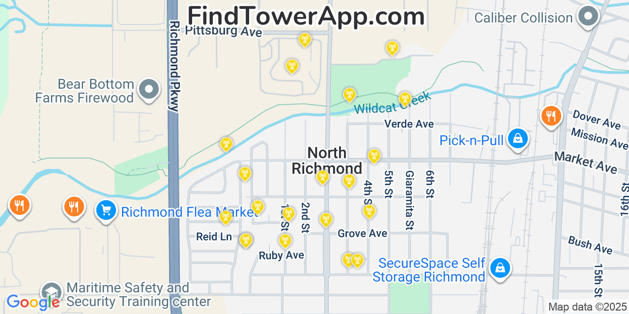 Map showing the 20 primary cell tower locations detected in North Richmond, California from AT&T, Verizon, and T-Mobile networks