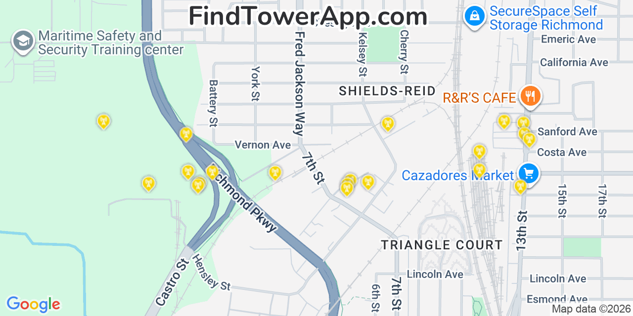 Map showing the 20 primary cell tower locations detected in North Richmond, California from AT&T, Verizon, and T-Mobile networks