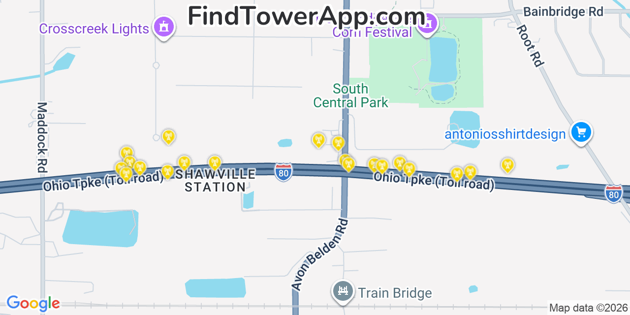Map showing the 20 primary cell tower locations detected in North Ridgeville, Ohio from AT&T, Verizon, and T-Mobile networks