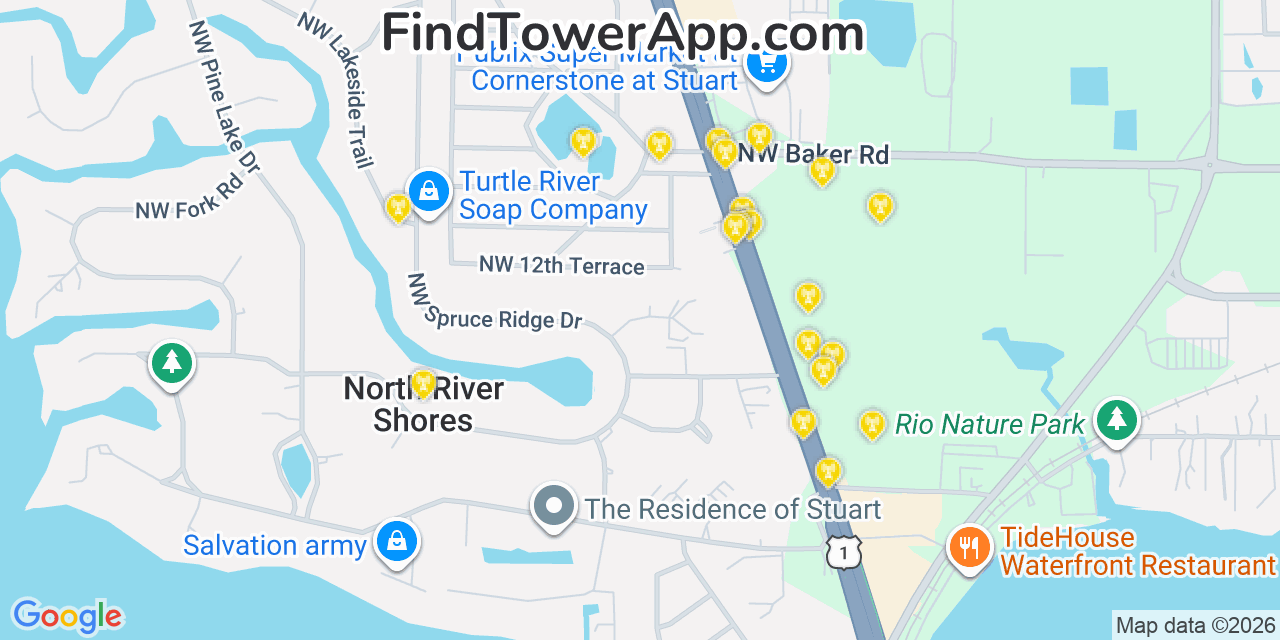 Map showing the 20 primary cell tower locations detected in North River Shores, Florida from AT&T, Verizon, and T-Mobile networks