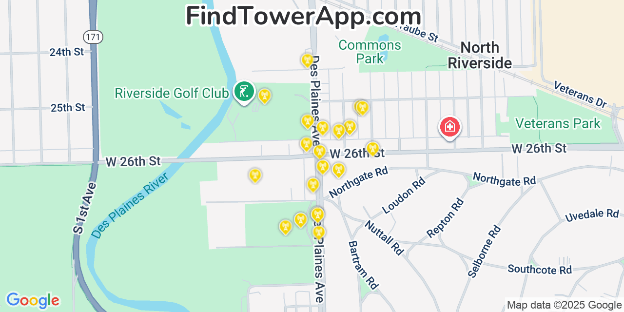 Map showing the 20 primary cell tower locations detected in North Riverside, Illinois from AT&T, Verizon, and T-Mobile networks