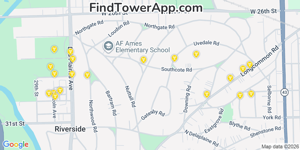 Map showing the 20 primary cell tower locations detected in North Riverside, Illinois from AT&T, Verizon, and T-Mobile networks