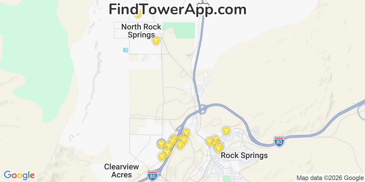 Map showing the 20 primary cell tower locations detected in North Rock Springs, Wyoming from AT&T, Verizon, and T-Mobile networks