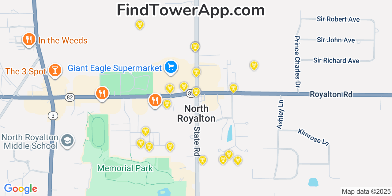 Map showing the 20 primary cell tower locations detected in North Royalton, Ohio from AT&T, Verizon, and T-Mobile networks