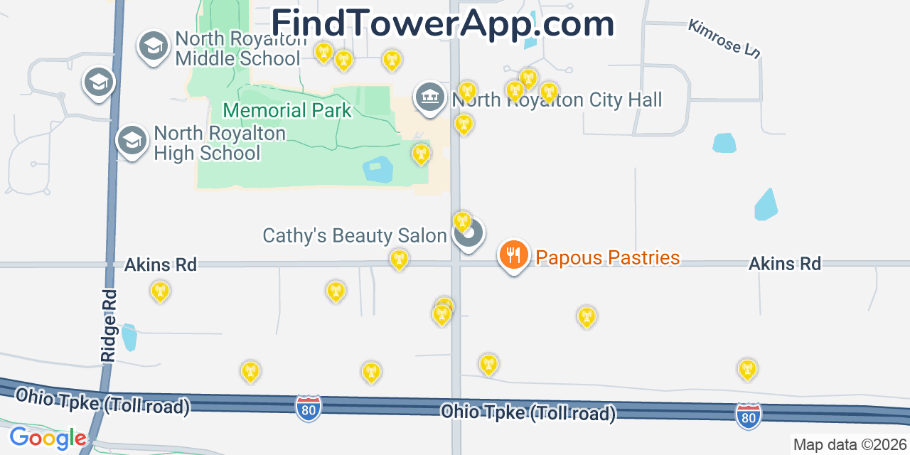 Map showing the 20 primary cell tower locations detected in North Royalton, Ohio from AT&T, Verizon, and T-Mobile networks
