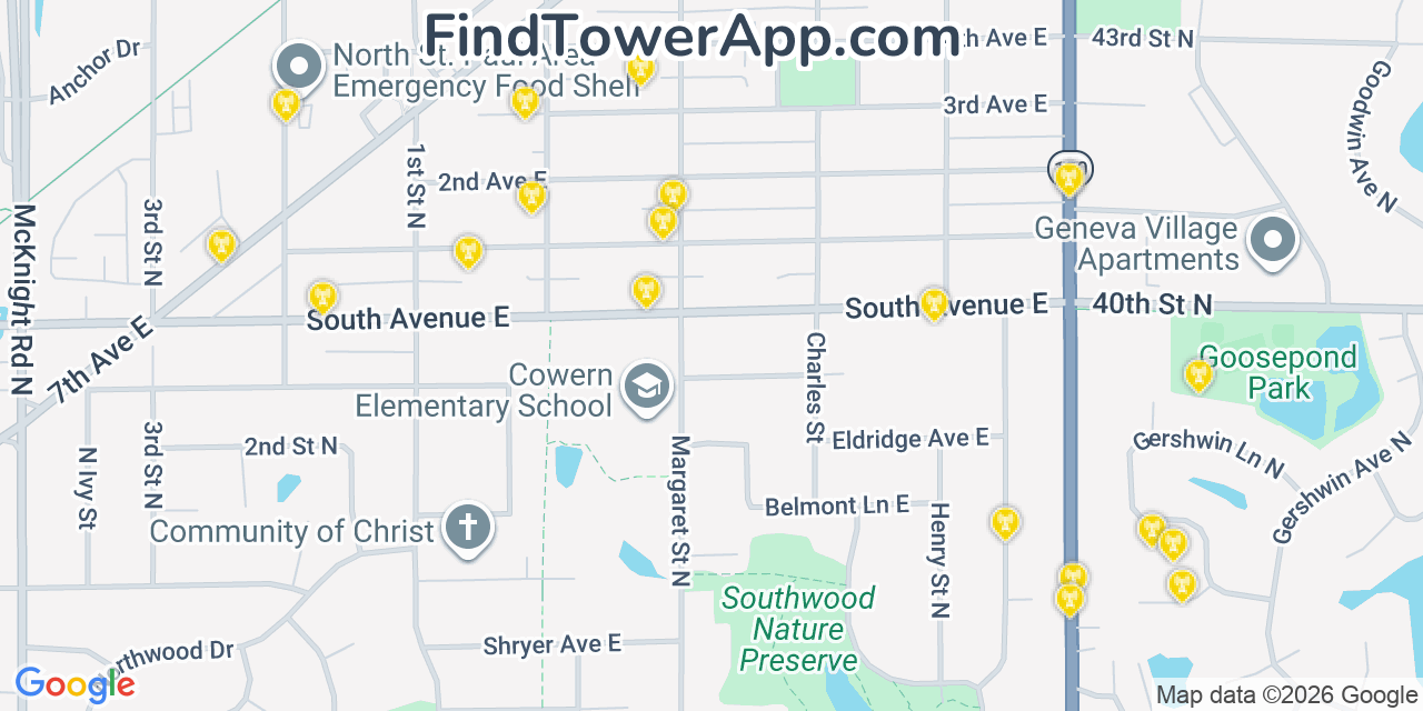 Map showing the 20 primary cell tower locations detected in North Saint Paul, Minnesota from AT&T, Verizon, and T-Mobile networks