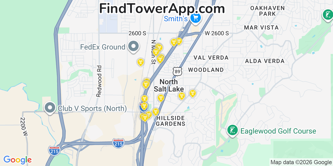 Map showing the 20 primary cell tower locations detected in North Salt Lake, Utah from AT&T, Verizon, and T-Mobile networks
