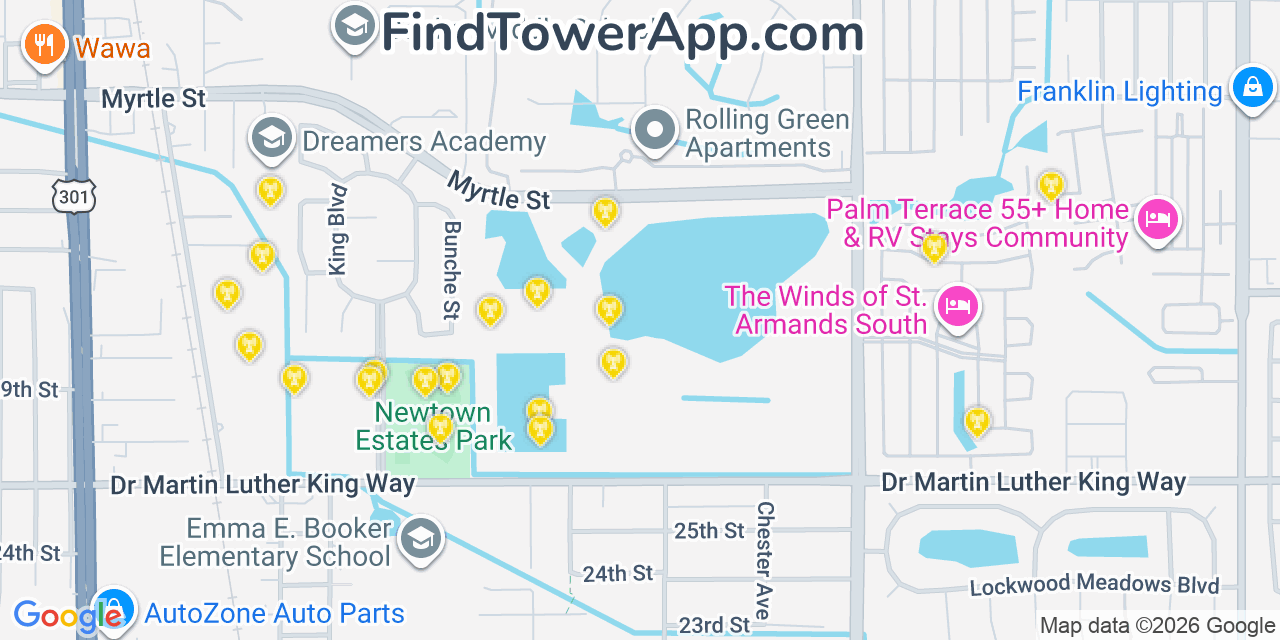 Map showing the 20 primary cell tower locations detected in North Sarasota, Florida from AT&T, Verizon, and T-Mobile networks