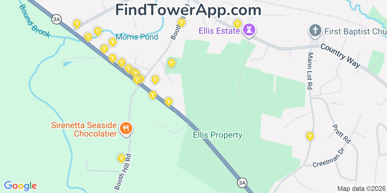 Map showing the 20 primary cell tower locations detected in North Scituate, Massachusetts from AT&T, Verizon, and T-Mobile networks