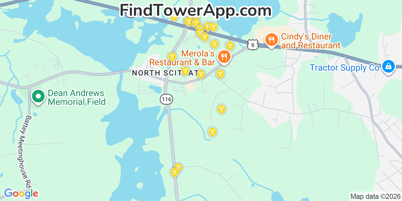Map showing the 20 primary cell tower locations detected in North Scituate, Rhode Island from AT&T, Verizon, and T-Mobile networks