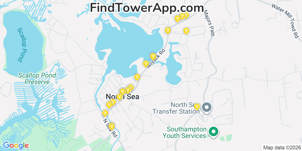 Map showing the 20 primary cell tower locations detected in North Sea, New York from AT&T, Verizon, and T-Mobile networks