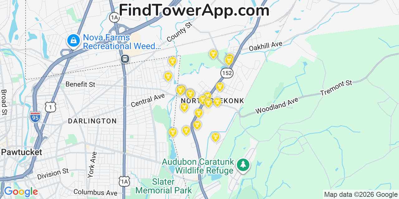 Map showing the 20 primary cell tower locations detected in North Seekonk, Massachusetts from AT&T, Verizon, and T-Mobile networks