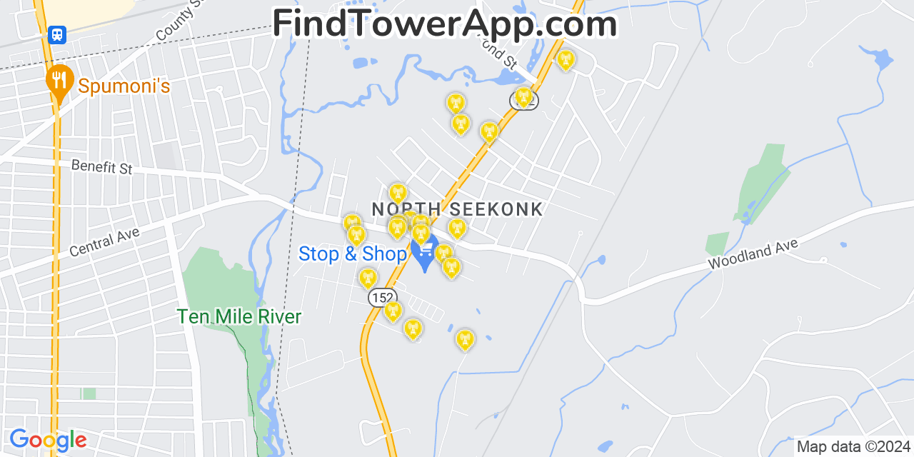 Verizon 4G/5G cell tower coverage map North Seekonk, Massachusetts