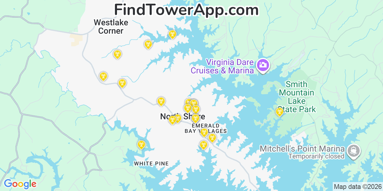 Map showing the 20 primary cell tower locations detected in North Shore, Virginia from AT&T, Verizon, and T-Mobile networks