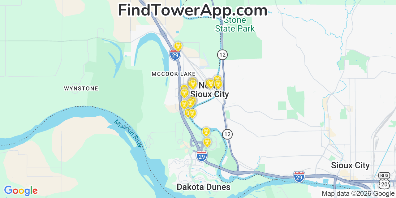 Map showing the 20 primary cell tower locations detected in North Sioux City, South Dakota from AT&T, Verizon, and T-Mobile networks