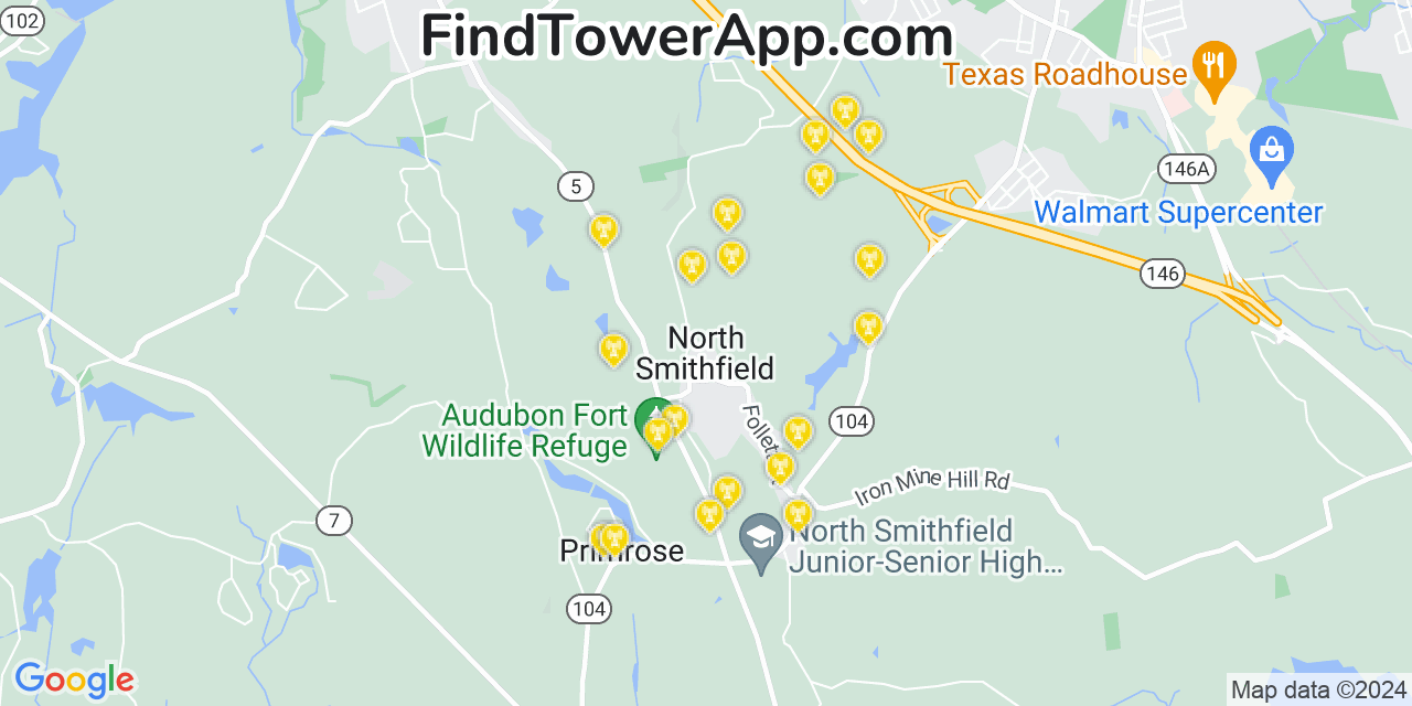 AT&T 4G/5G cell tower coverage map North Smithfield, Rhode Island