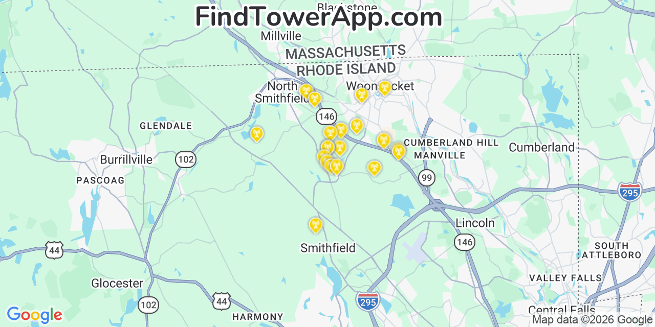 Map showing the 20 primary cell tower locations detected in North Smithfield, Rhode Island from AT&T, Verizon, and T-Mobile networks