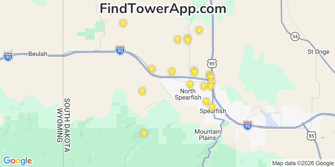 Map showing the 20 primary cell tower locations detected in North Spearfish, South Dakota from AT&T, Verizon, and T-Mobile networks