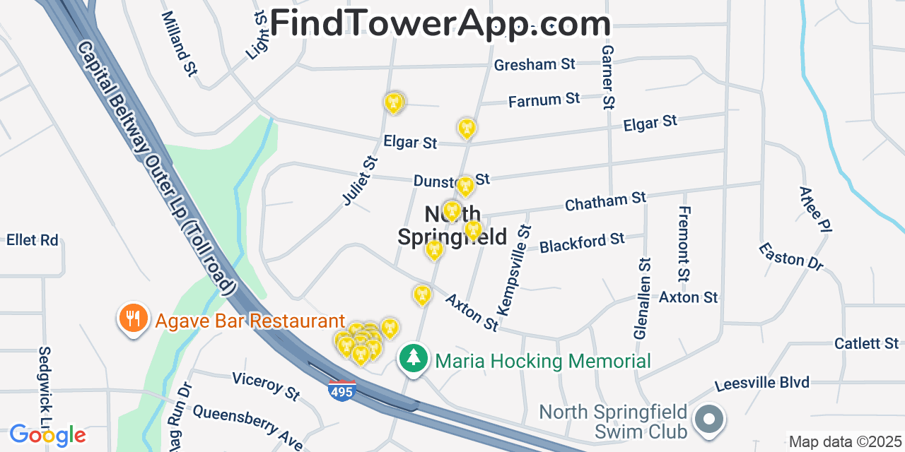 Map showing the 20 primary cell tower locations detected in North Springfield, Virginia from AT&T, Verizon, and T-Mobile networks