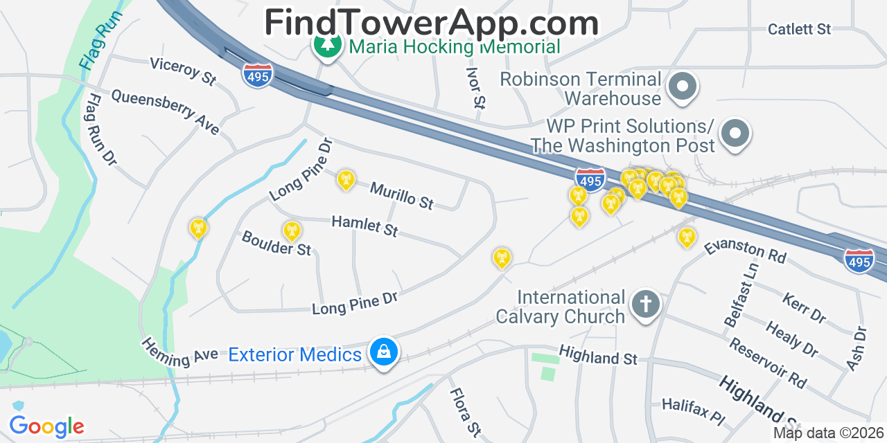 Map showing the 20 primary cell tower locations detected in North Springfield, Virginia from AT&T, Verizon, and T-Mobile networks