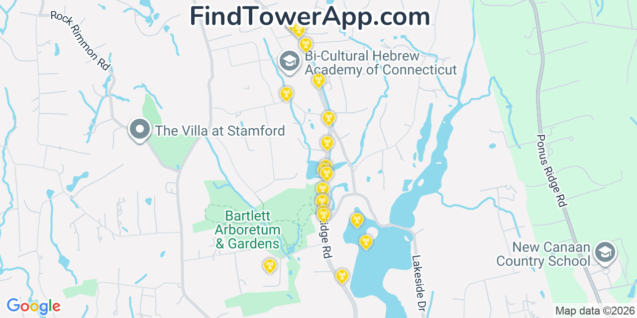 Map showing the 20 primary cell tower locations detected in North Stamford, Connecticut from AT&T, Verizon, and T-Mobile networks