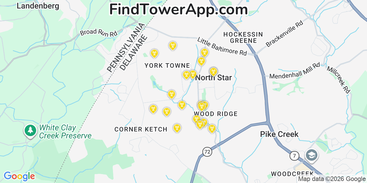 Map showing the 20 primary cell tower locations detected in North Star, Delaware from AT&T, Verizon, and T-Mobile networks