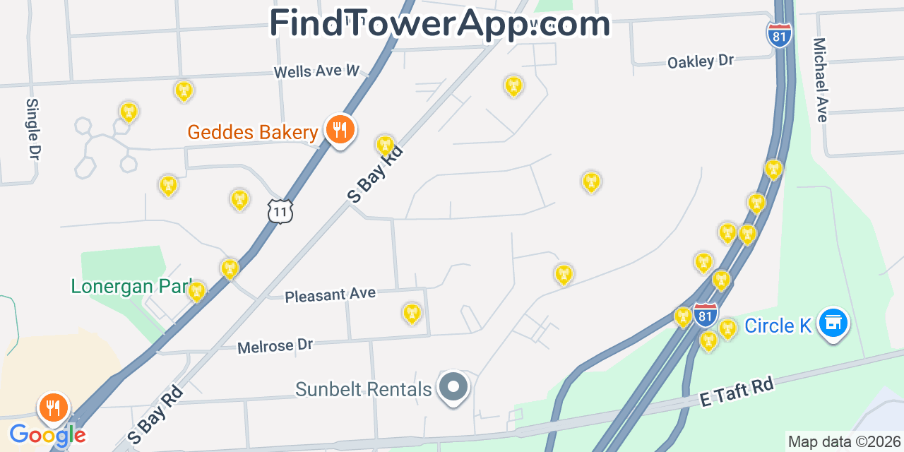 Map showing the 20 primary cell tower locations detected in North Syracuse, New York from AT&T, Verizon, and T-Mobile networks