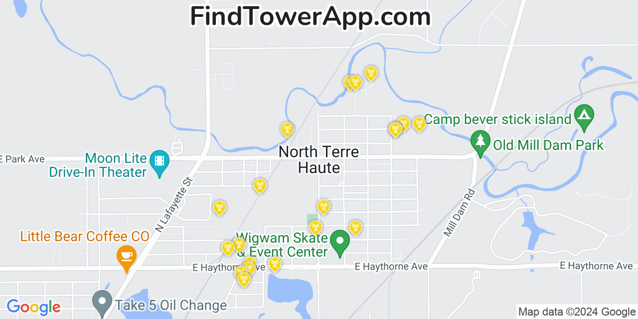 AT&T 4G/5G cell tower coverage map North Terre Haute, Indiana