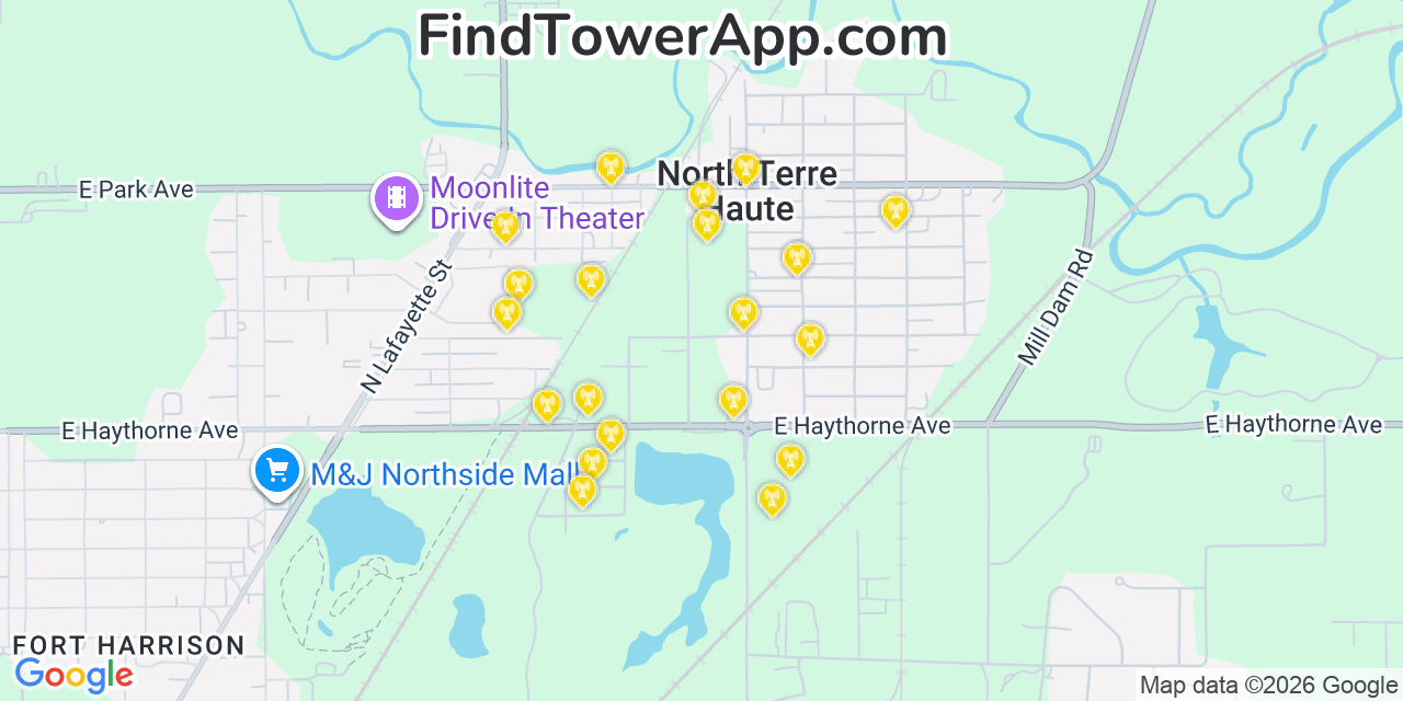 Map showing the 20 primary cell tower locations detected in North Terre Haute, Indiana from AT&T, Verizon, and T-Mobile networks