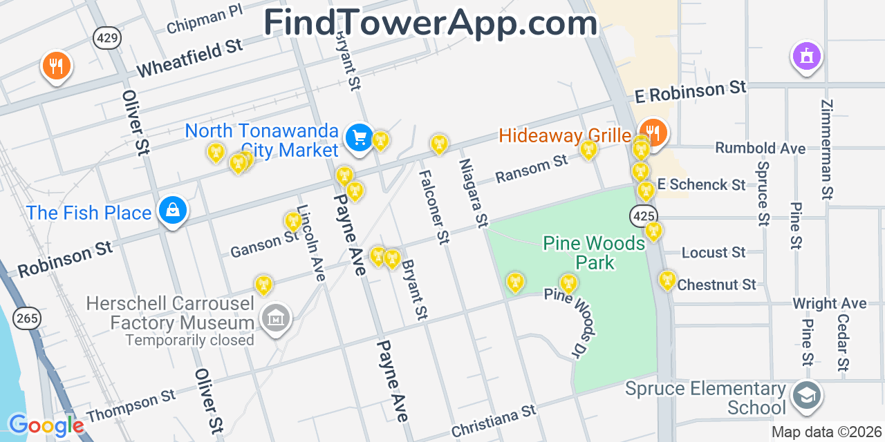Map showing the 20 primary cell tower locations detected in North Tonawanda, New York from AT&T, Verizon, and T-Mobile networks