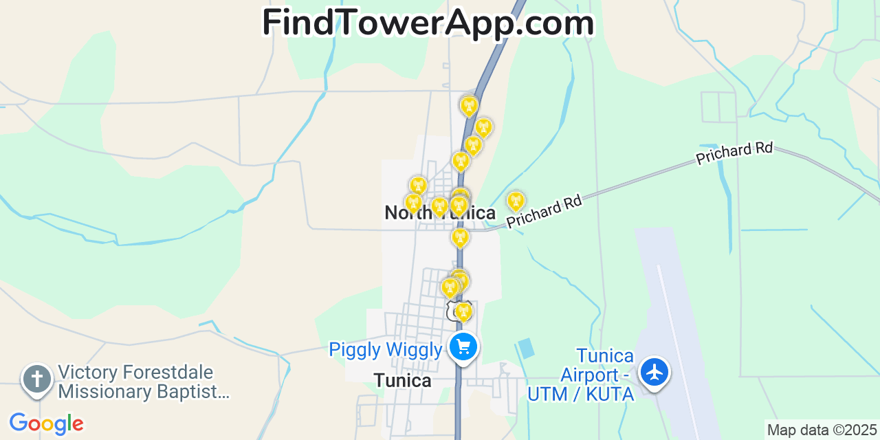 Map showing the 20 primary cell tower locations detected in North Tunica, Mississippi from AT&T, Verizon, and T-Mobile networks