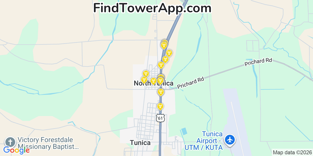 Map showing the 20 primary cell tower locations detected in North Tunica, Mississippi from AT&T, Verizon, and T-Mobile networks