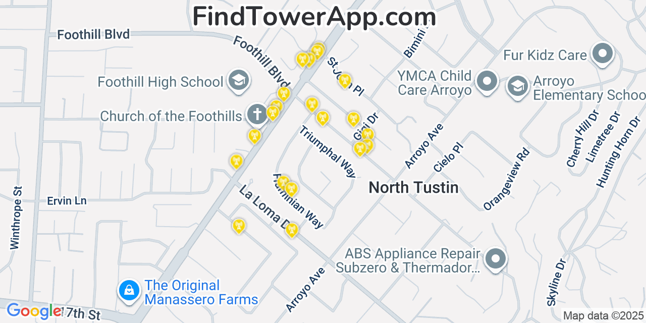 Map showing the 20 primary cell tower locations detected in North Tustin, California from AT&T, Verizon, and T-Mobile networks