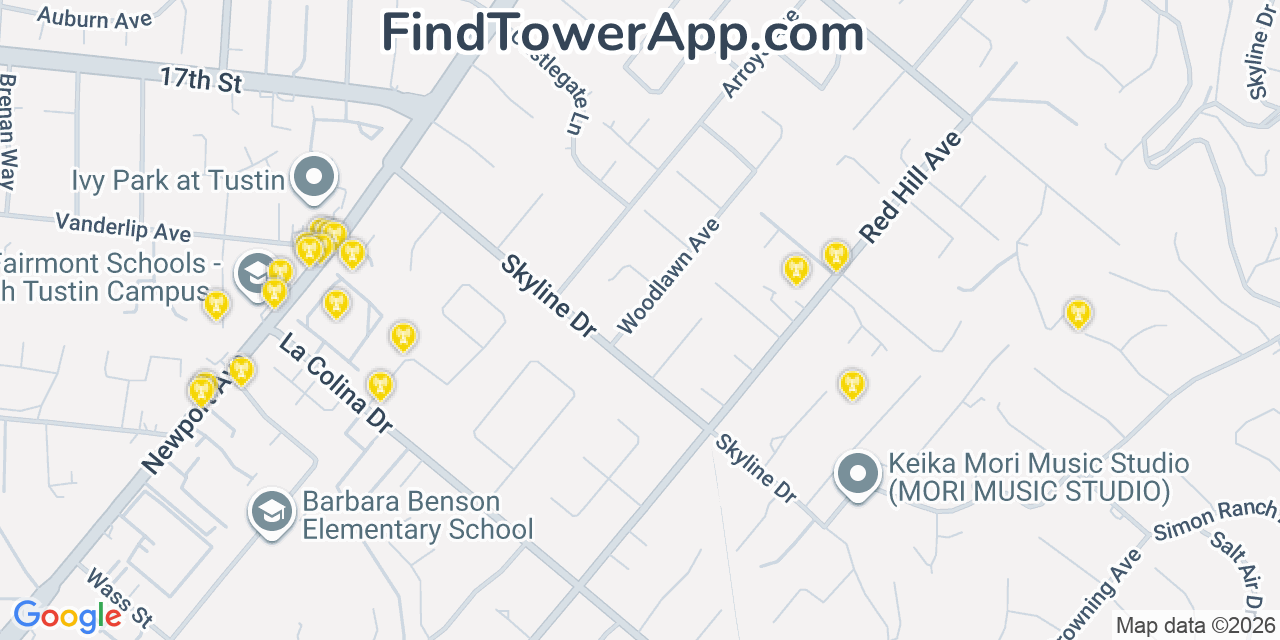 Map showing the 20 primary cell tower locations detected in North Tustin, California from AT&T, Verizon, and T-Mobile networks